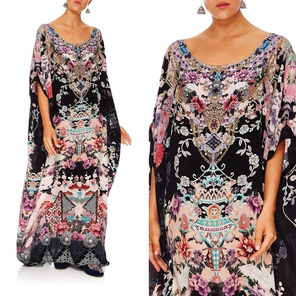Camilla Maxi Kaftan Muumuu Nights With Her Black Silk Asian Kimono Resort OS